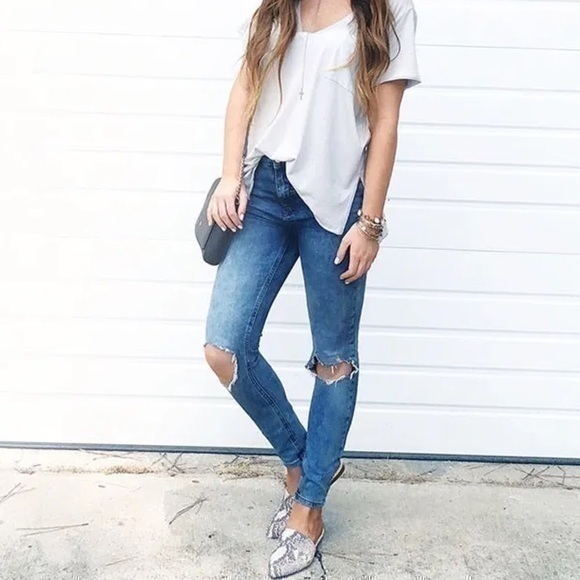 Free People Busted Knee Skinny Denim Jeans Turquoise Boho Bohemian NWT - Picture 1 of 15